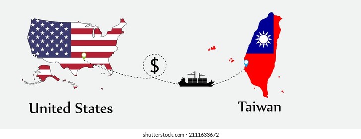 Business concept of both country. Ship transport from United States go to Taiwan. And flags symbol on maps. EPS.file.Cargo ship.