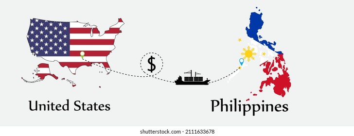 Business concept of both country. Ship transport from United States go to Philippines. And flags symbol on maps. EPS.file.Cargo ship.