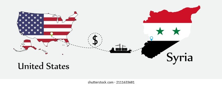 Business concept of both country. Ship transport from United States go to Syria. And flags symbol on maps. EPS.file.Cargo ship.