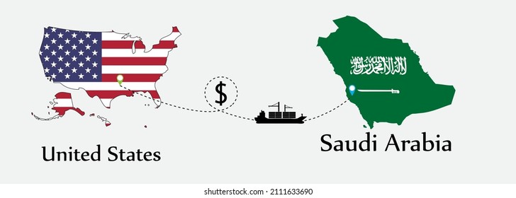 Business concept of both country. Ship transport from United States go to Saudi Arabia. And flags symbol on maps. EPS.file.Cargo ship.