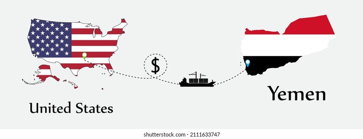 Business concept of both country. Ship transport from United States go to Yemen. And flags symbol on maps. EPS.file.Cargo ship.