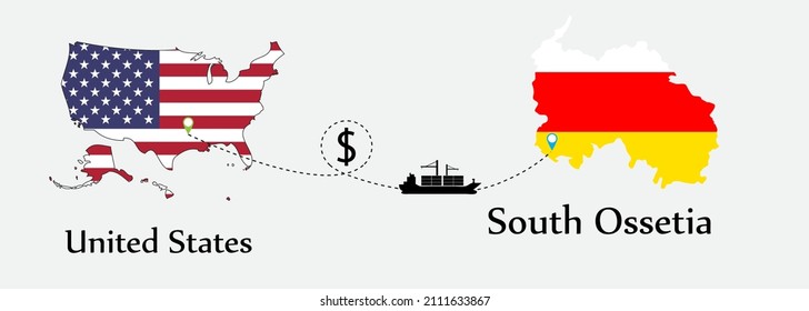 Business concept of both country. Ship transport from United States go to South Ossetia. And flags symbol on maps. EPS.file.Cargo ship.