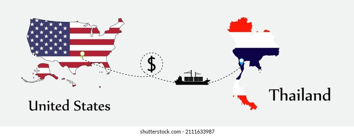 Business concept of both country. Ship transport from United States go to Thailand. And flags symbol on maps. EPS.file.Cargo ship.
