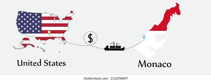 Business concept of both country. Ship transport from United States go to Monaco. And flags symbol on maps. EPS.file.Cargo ship.