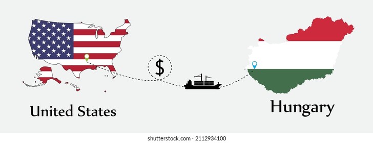 Business concept of both country. Ship transport from United States go to Hungary. And flags symbol on maps. EPS.file.Cargo ship.