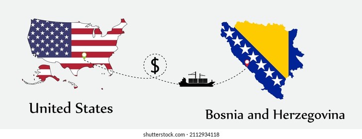 Business concept of both country. Ship transport from United States go to Bosnia and Herzegovina. And flags symbol on maps. EPS.file.Cargo ship.