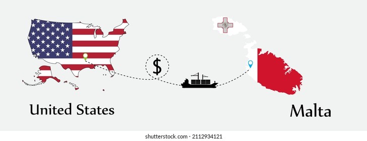 Business concept of both country. Ship transport from United States go to Malta. And flags symbol on maps. EPS.file.Cargo ship.