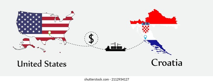 Business concept of both country. Ship transport from United States go to Croatia. And flags symbol on maps. EPS.file.Cargo ship.