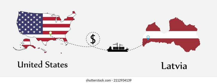 Business concept of both country. Ship transport from United States go to Latvia. And flags symbol on maps. EPS.file.Cargo ship.