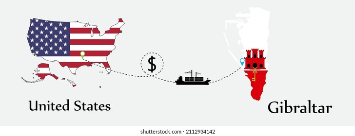 Business concept of both country. Ship transport from United States go to Gibraltar. And flags symbol on maps. EPS.file.Cargo ship.
