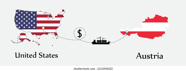 Business concept of both country. Ship transport from United States go to Austria. And flags symbol on maps. EPS.file.Cargo ship.