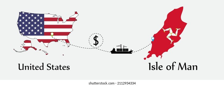 Business concept of both country. Ship transport from United States go to Isle of Man. And flags symbol on maps. EPS.file.Cargo ship.