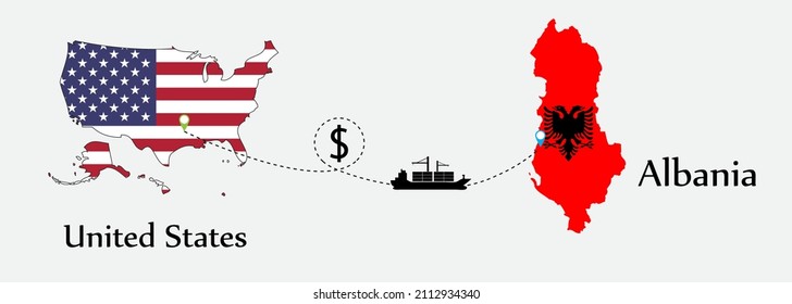 Business concept of both country. Ship transport from United States go to Albania. And flags symbol on maps. EPS.file.Cargo ship.