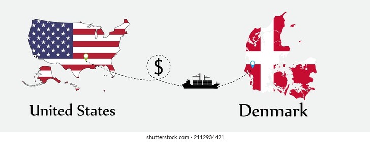 Business concept of both country. Ship transport from United States go to Denmark. And flags symbol on maps. EPS.file.Cargo ship.