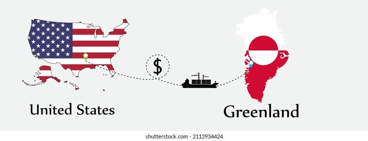 Business concept of both country. Ship transport from United States go to Greenland. And flags symbol on maps. EPS.file.Cargo ship.