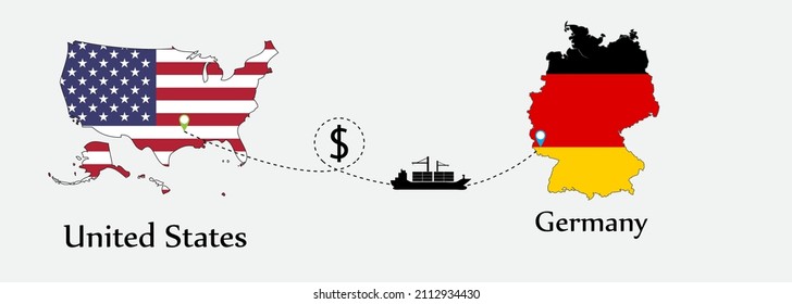 Business concept of both country. Ship transport from United States go to Germany. And flags symbol on maps. EPS.file.Cargo ship.