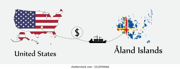 Business concept of both country. Ship transport from United States go to Åland Islands. And flags symbol on maps. EPS.file.Cargo ship.
