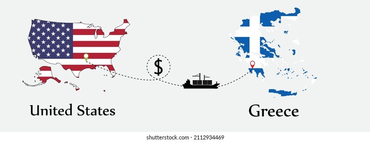 Business concept of both country. Ship transport from United States go to Greece. And flags symbol on maps. EPS.file.Cargo ship.