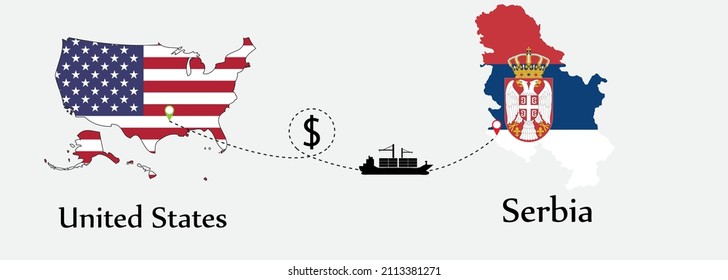 Business concept of both country. Ship transport from United States go to Serbia. And flags symbol on maps. EPS.file.Cargo ship.