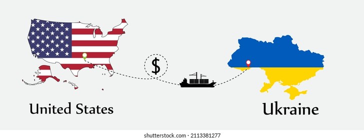 Business concept of both country. Ship transport from United States go to Ukraine. And flags symbol on maps. EPS.file.Cargo ship.