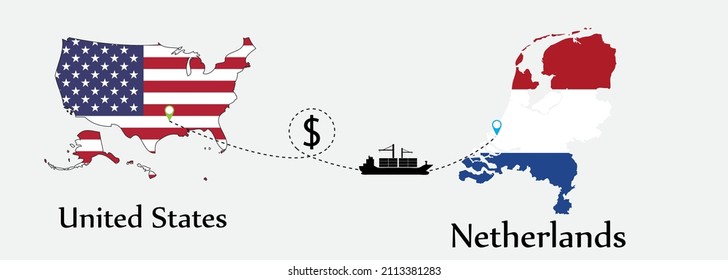 Business concept of both country. Ship transport from United States go to Netherlands. And flags symbol on maps. EPS.file.Cargo ship.