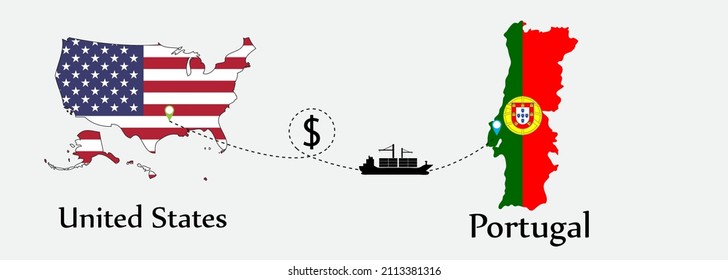 Business concept of both country. Ship transport from United States go to Portugal. And flags symbol on maps. EPS.file.Cargo ship.