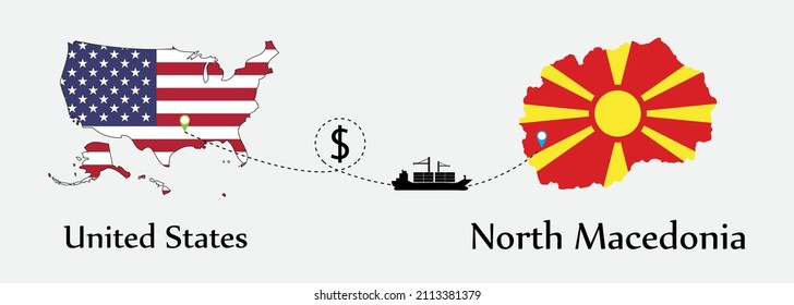 Business concept of both country. Ship transport from United States go to North Macedonia. And flags symbol on maps. EPS.file.Cargo ship.