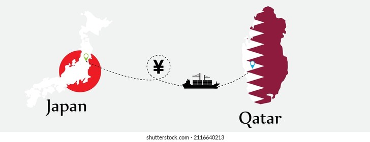 Business concept of both country. Ship transport from Japan go to Qatar. And flags symbol on maps. EPS.file.Cargo ship.