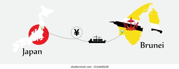 Business concept of both country. Ship transport from Japan go to Brunei. And flags symbol on maps. EPS.file.Cargo ship.