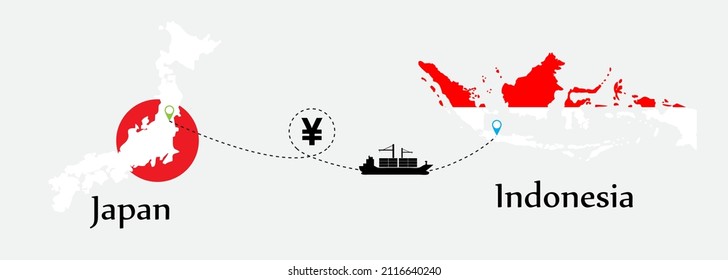 Business concept of both country. Ship transport from Japan go to Indonesia. And flags symbol on maps. EPS.file.Cargo ship.