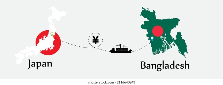 Business concept of both country. Ship transport from Japan go to Bangladesh. And flags symbol on maps. EPS.file.Cargo ship.