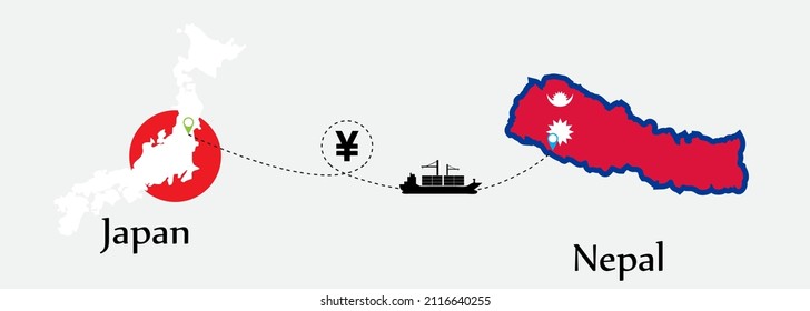 Business concept of both country. Ship transport from Japan go to Nepal. And flags symbol on maps. EPS.file.Cargo ship.