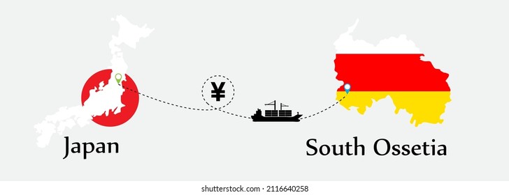Business concept of both country. Ship transport from Japan go to South Ossetia. And flags symbol on maps. EPS.file.Cargo ship.