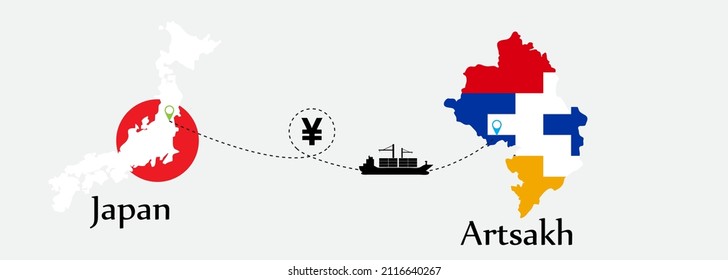 Business concept of both country. Ship transport from Japan go to Artsakh. And flags symbol on maps. EPS.file.Cargo ship.