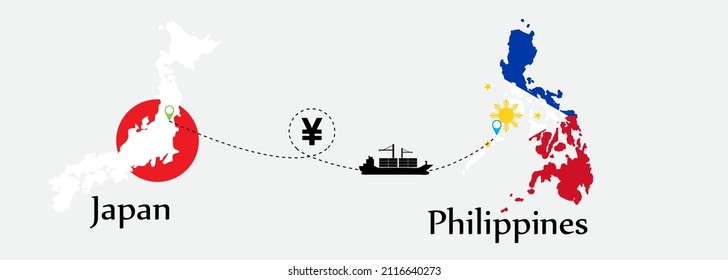 Business concept of both country. Ship transport from Japan go to Philippines. And flags symbol on maps. EPS.file.Cargo ship.
