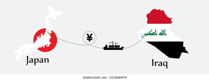 Business concept of both country. Ship transport from Japan go to Iraq. And flags symbol on maps. EPS.file.Cargo ship.