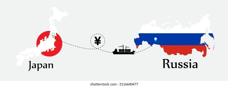 Business concept of both country. Ship transport from Japan go to Russia. And flags symbol on maps. EPS.file.Cargo ship.