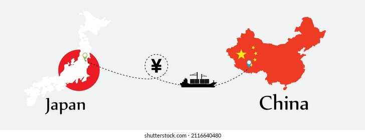Business concept of both country. Ship transport from Japan go to china. And flags symbol on maps. EPS.file.Cargo ship.