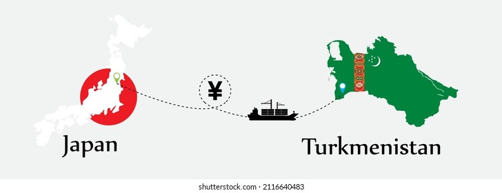 Business concept of both country. Ship transport from Japan go to Turkmenistan. And flags symbol on maps. EPS.file.Cargo ship.