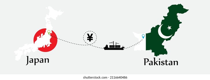 Business concept of both country. Ship transport from Japan go to Pakistan. And flags symbol on maps. EPS.file.Cargo ship.
