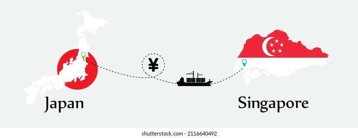 Business concept of both country. Ship transport from Japan go to Singapore. And flags symbol on maps. EPS.file.Cargo ship.