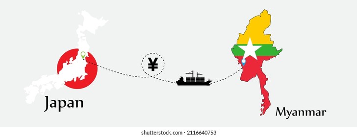 Business concept of both country. Ship transport from Japan go to Myanmar. And flags symbol on maps. EPS.file.Cargo ship.