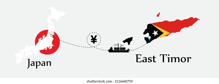 Business concept of both country. Ship transport from Japan go to East Timor. And flags symbol on maps. EPS.file.Cargo ship.