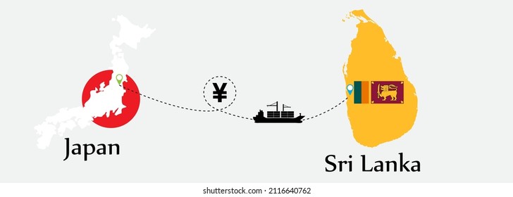 Business concept of both country. Ship transport from Japan go to Sri Lanka. And flags symbol on maps. EPS.file.Cargo ship.