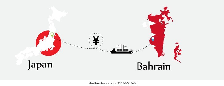 Business concept of both country. Ship transport from Japan go to Bahrain. And flags symbol on maps. EPS.file.Cargo ship.