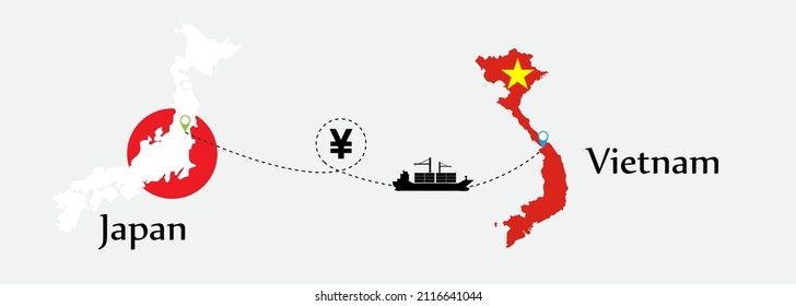Business concept of both country. Ship transport from Japan go to Vietnam. And flags symbol on maps. EPS.file.Cargo ship.