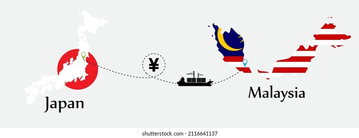 Business concept of both country. Ship transport from Japan go to Malaysia. And flags symbol on maps. EPS.file.Cargo ship.