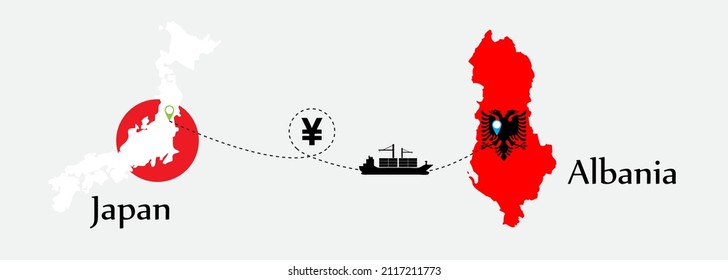 Business concept of both country. Ship transport from Japan go to Albania. And flags symbol on maps. EPS.file.Cargo ship.