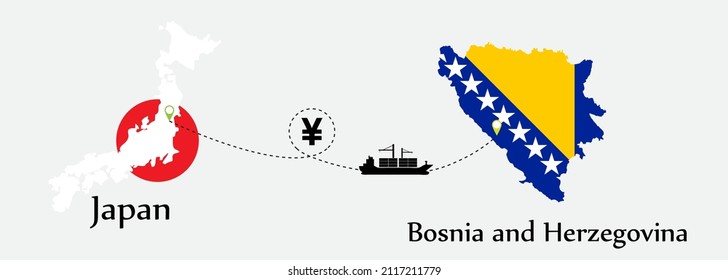 Business concept of both country. Ship transport from Japan go to Bosnia and Herzegovina. And flags symbol on maps. EPS.file.Cargo ship.
