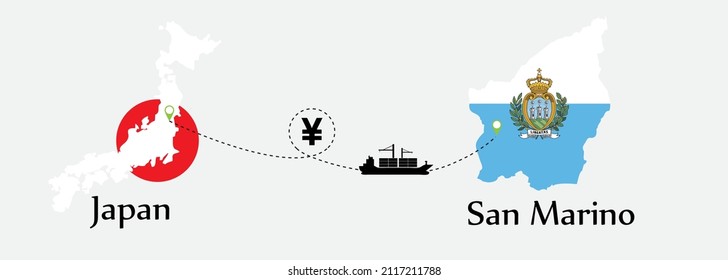 Business concept of both country. Ship transport from Japan go to San Marino. And flags symbol on maps. EPS.file.Cargo ship.